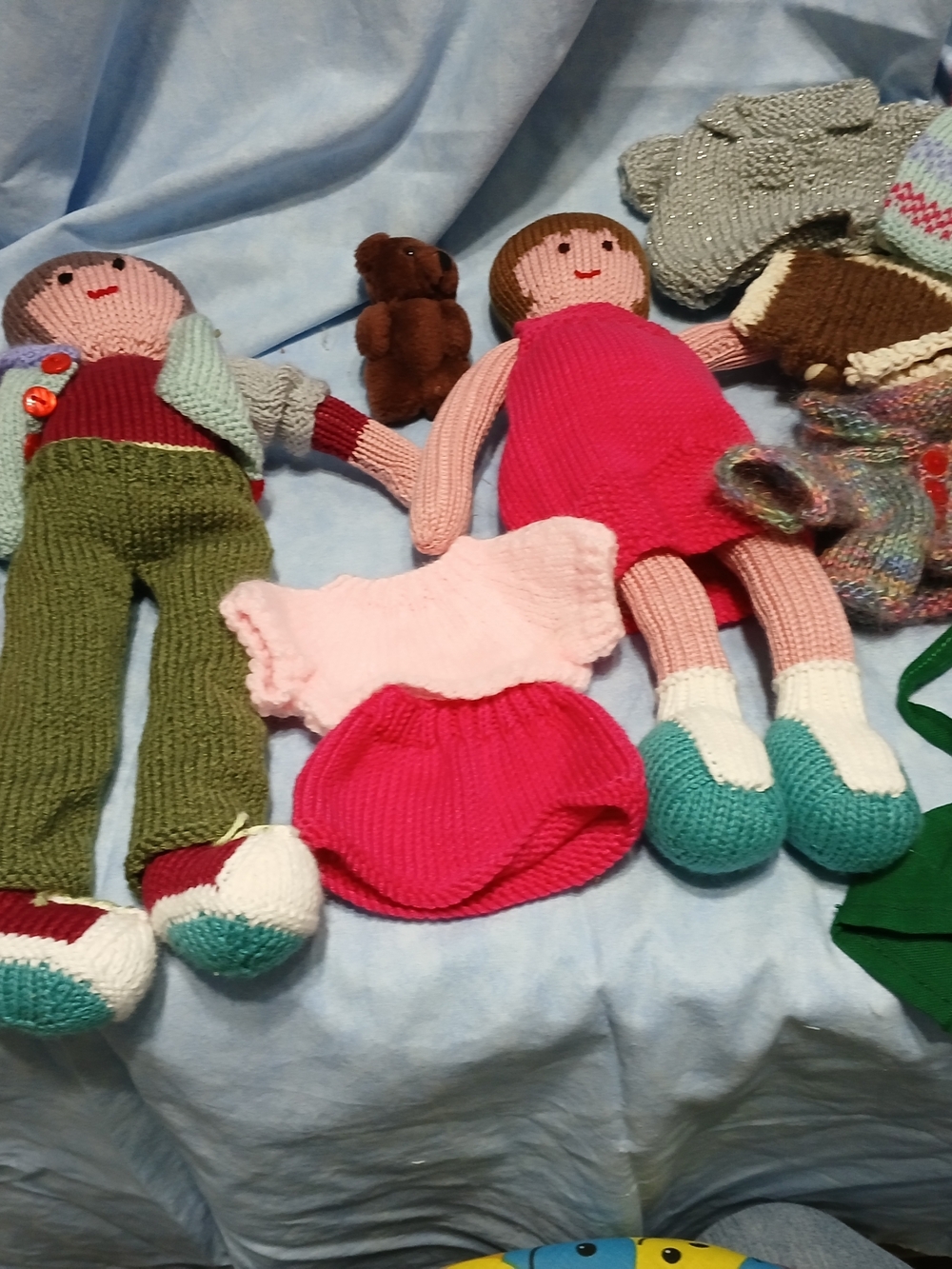 & Other Stories Pink Knit Doll with Teal Shoes and Green Knit Outfit